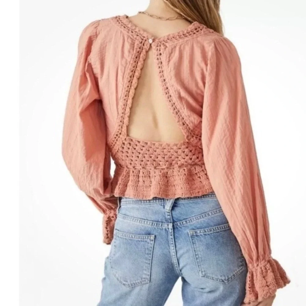 Free People Megan Crochet Open Back Peplum Top Long Sleeve Boho Small‎